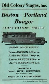 Postcard advertising Old Colony Stages, Inc. bus service schedule between Boston and Bangor, Maine
