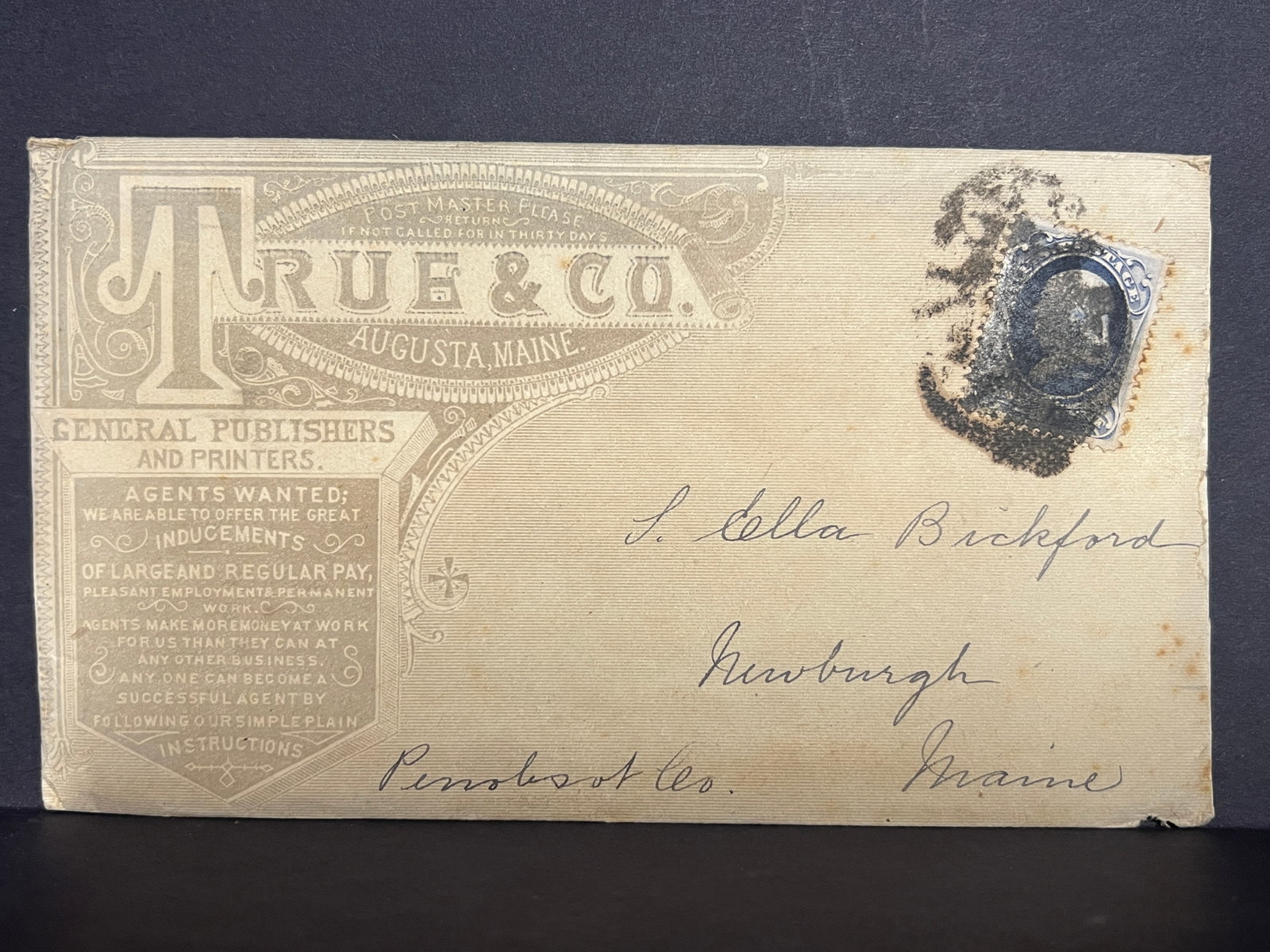 Advertising Cover with ornate corner card for True & Co. Publishers, Augusta, Maine, 1890s.: Please view photos for further description and condition considerations. Please know the scans may be darker or lighter than the actual item's true appearance. ACME Auctions offers FREE DOMESTIC SHIPP