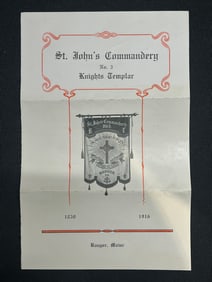 1916 St. John's Commandery No. 3 Knights Templar program card with member roster, Bangor, Maine