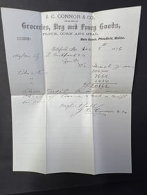 1876 Ephemera Letterhead Receipt from J.C. Connor & Co. Groceries & Dry Goods, Pittsfield, Maine