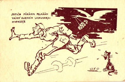 Finnish military Kenttäposti Field Post postcard from the WWII era with a cartoon of a paratrooper
