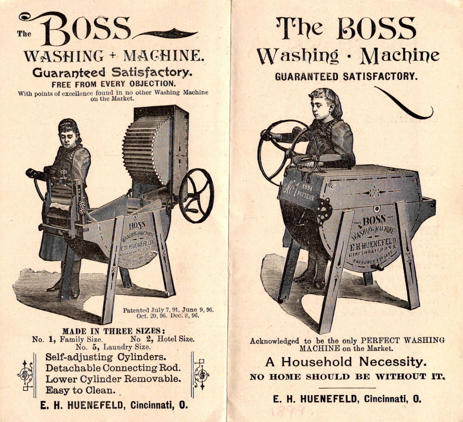 Advertising pamphlet for The BOSS Washing Machine. E. H. Huenefeld, Cincinnati, Ohio, circa 1897. (1 of 2)