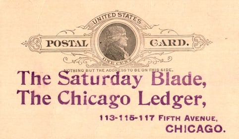 1894 US Postal Card with agency application for The Saturday Blade and The Chicago Ledger