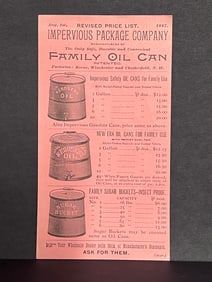 1887 Advertising Trade Card Price List for Impervious Package Co. Family Oil Cans, Winchester NH