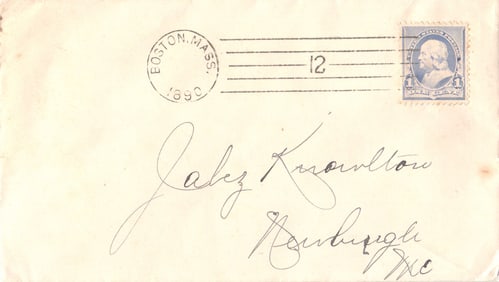 1890 stamped cover from Boston, Massachusetts to Jabez Knowlton in Newburgh, Maine with 1c stamp
