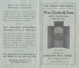 Wm. Clarke & Sons Needles Advertising Trade Card from Redditch, England & Chicago, IL c. 1891
