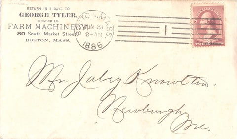 1886 Postal Cover from George Tyler, Farm Machinery Dealer in Boston, MA, to Newburgh, Maine
