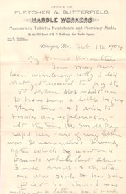 Handwritten Letter on Fletcher & Butterfield, Marble Workers Letterhead, Bangor, Maine, Feb 12 1904