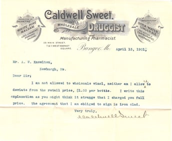 1901 Letter on Caldwell Sweet Wholesale Druggist Letterhead, Bangor, ME. Discusses Vinol price.