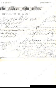 1876 letterhead card from The Mason City Bank, F.N. Smith & Co., Mason City, Illinois