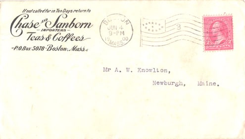 1900 Chase & Sanborn Teas & Coffees advertising cover from Boston, MA to Newburgh, ME with flag