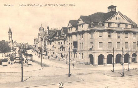 Postcard street view of the Mittelrheinischer Bank on Kaiser Wilhelmring in Coblenz, Germany 1919.