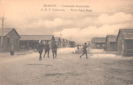 Postcard showing American soldiers at the A.E.F. University on West-Point Road in Beaune, France.