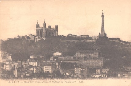 Postcard of Lyon, France showing the Saint-Jean quarter and Fourvière Hill with Basilica c. 1910s