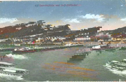 Postcard view of Ehrenbreitstein Fortress over the Rhine River in Koblenz, Germany, circa 1919.