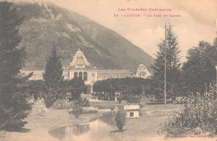 Postcard showing the Casino and Park in Luchon, a spa town in the Central Pyrenees, France c. 1919