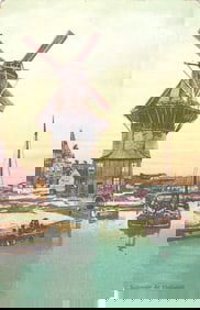 Photochrome postcard of the Molen aan de nieuwe vaart windmill with a sailboat in Amsterdam,