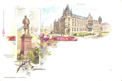 Postcard view of the Bismarck Monument (Denkmal) and the old government building in Cologne,