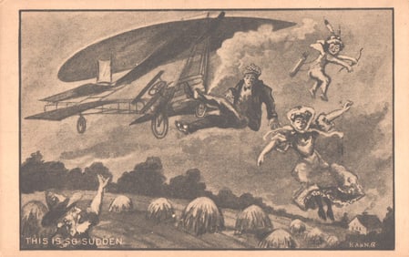 Comic postcard showing a couple's elopement in an early biplane with Cupid surprising a scarecrow.