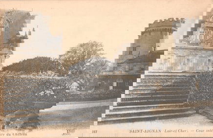 Postcard showing the interior courtyard and tower of the Château de Saint-Aignan, France, c. 1910s.