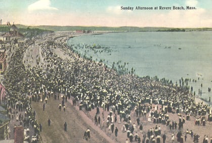 Postcard of a bustling Sunday Afternoon crowd at Revere Beach, Mass. Early 1900s seaside resort.