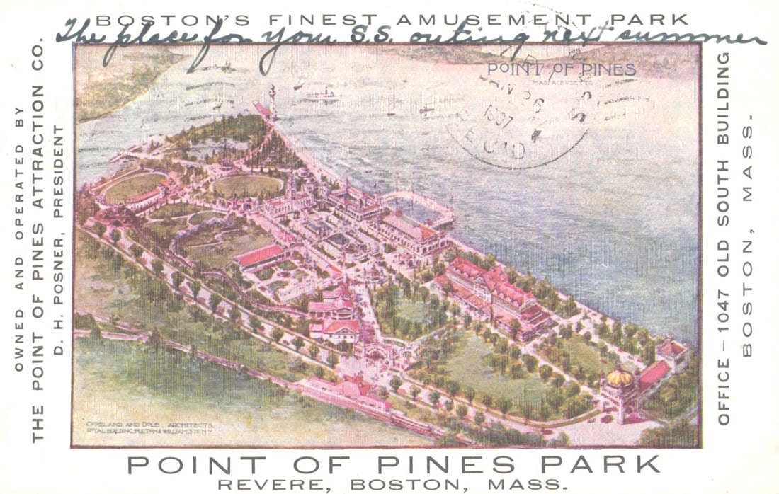 Postcard featuring a bird's-eye view of Point of Pines Park, Boston's Finest Amusement Park c. 1907. (1 of 2)