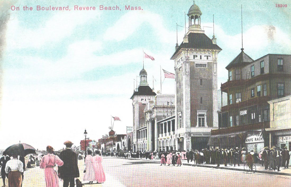 Postcard showing the bustling Boulevard at Revere Beach, Massachusetts with 'Pit' tower, c. 1910: Please view photos for further description and condition considerations. Please know the scans may be darker or lighter than the actual item's true appearance. ACME Auctions offers FREE DOMESTIC SHIPP