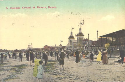 Postcard showing a large holiday crowd on Revere Beach, Massachusetts, with amusement buildings, c.