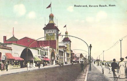 Postcard view of the Boulevard at Revere Beach, Mass. showing the amusement park buildings c. 1910s.