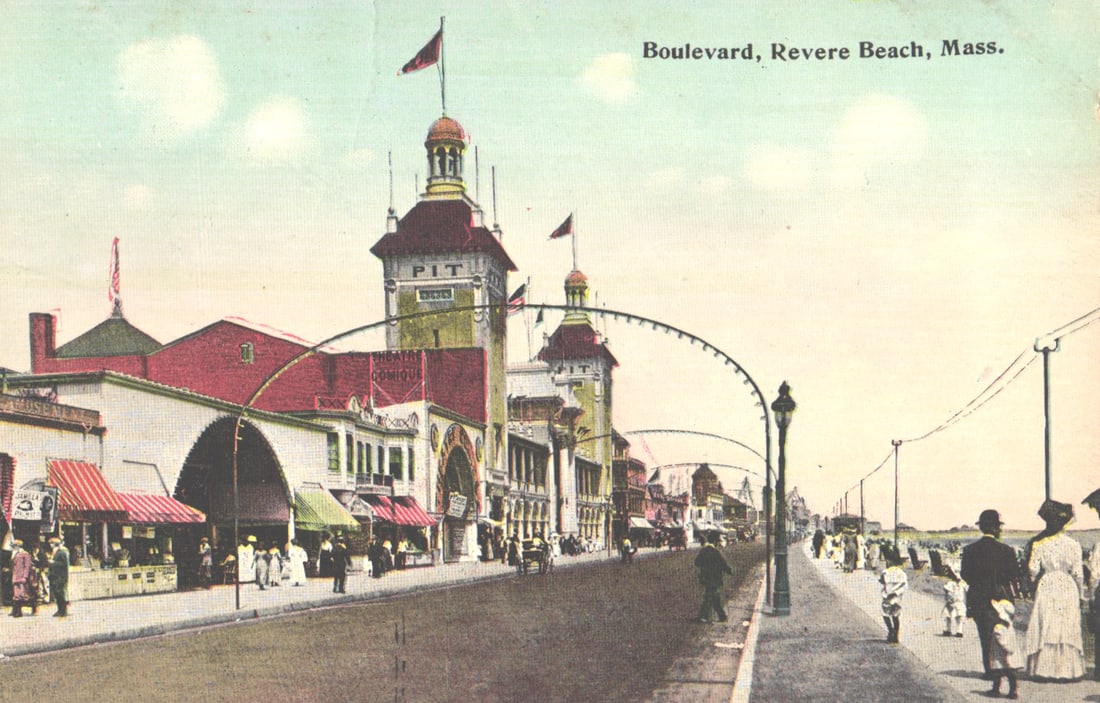 Postcard view of the Boulevard at Revere Beach, Mass. showing the amusement park buildings c. 1910s.: Please view photos for further description and condition considerations. Please know the scans may be darker or lighter than the actual item's true appearance. ACME Auctions offers FREE DOMESTIC SHIPP