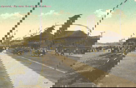Postcard of the Boulevard at Revere Beach, Massachusetts showing early automobiles and beachgoers c.