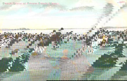 Postcard of a bustling summer day with many bathers in the water at Revere Beach, Massachusetts.