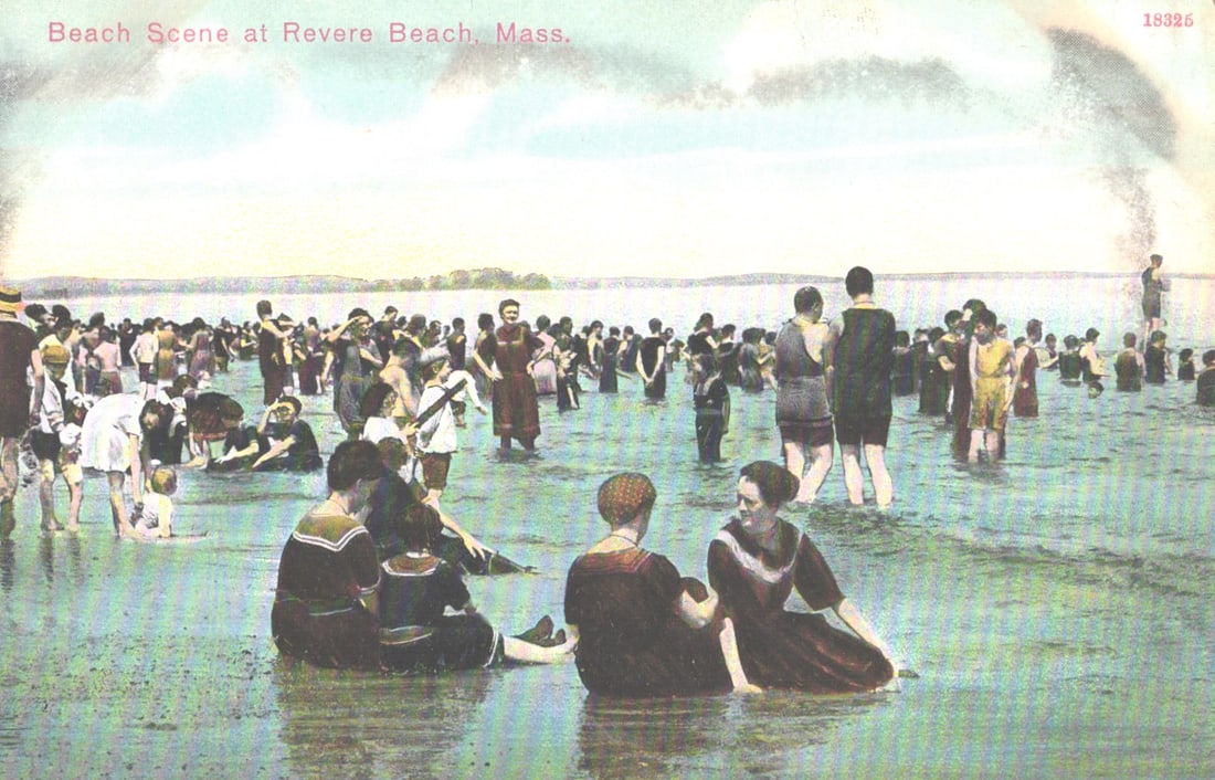 Postcard of a bustling summer day with many bathers in the water at Revere Beach, Massachusetts. (1 of 2)
