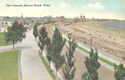 Postcard showing a scenic view of The Crescent at Revere Beach, Massachusetts, circa 1910s era.