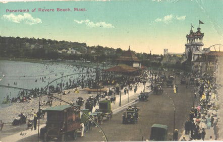 Postcard panorama of Revere Beach, Massachusetts showing crowded boardwalk and early automobiles