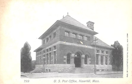 Postcard showing the U.S. Post Office building in Haverhill, Massachusetts. Early 1900s view.