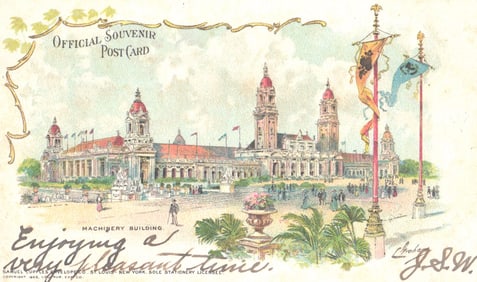 Official Souvenir Postcard of the Machinery Building at the 1904 World's Fair in St. Louis, MO.