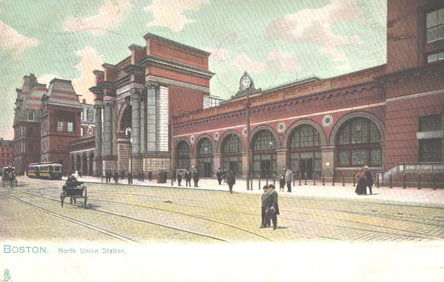 Raphael Tuck & Sons postcard depicting the exterior of North Union Station in Boston, MA, c. 1901.