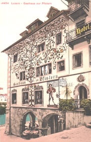 Postcard showing the Gasthaus zur Pfistern with its ornate facade mural in Luzern, Switzerland c.