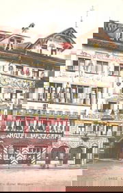 Photochrom postcard showing the beautifully painted facades of the Hotel Metzgern in Luzern,