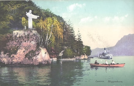 Postcard view of the Christ statue on the shore of Lake Lucerne at Meggenhorn, Switzerland c. 1911