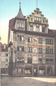 Postcard showing the ornate Dornacherhaus with its famous frescoes in Lucerne, Switzerland, 1910s.