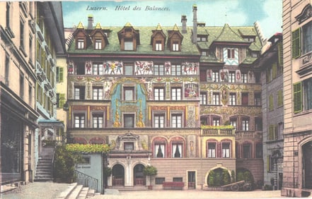 Postcard showing the ornate fresco facade of the Hôtel des Balances in Luzern, Switzerland c.1914