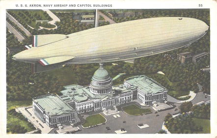 Artist's drawing postcard of the U.S.S. Akron Navy Airship in flight over the U.S. Capitol Building.