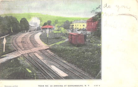 Postcard showing Steam Train No. 30 arriving at the railroad station in Narrowsburg, New York,