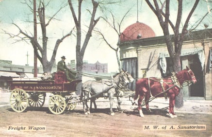 Postcard depicting a M. W. of A. Sanatorium Freight Wagon pulled by three horses or mules c. 1912.