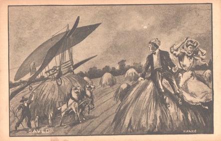 Postcard depicting a fantastical Edwardian era scene of a couple saved by an early flying machine.
