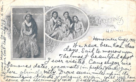 Private Mailing Card postcard featuring portraits of Hawaiian women in traditional hula attire, 1901