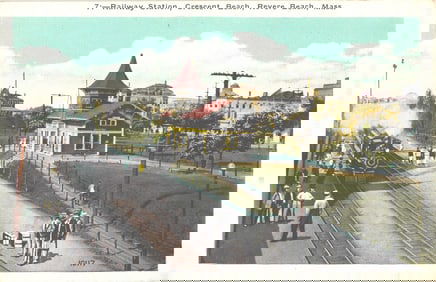 Color postcard view of the Railway Station at Crescent Beach, Revere Beach, Massachusetts circa