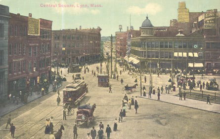 Postcard of a bustling Central Square in Lynn, Massachusetts with trolleys and horse-drawn